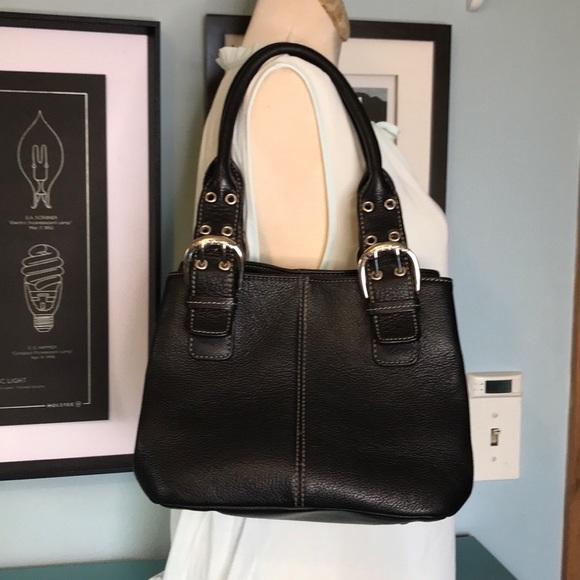 Tignanello black leather square two handle satchel purse - Picture 2 of 15